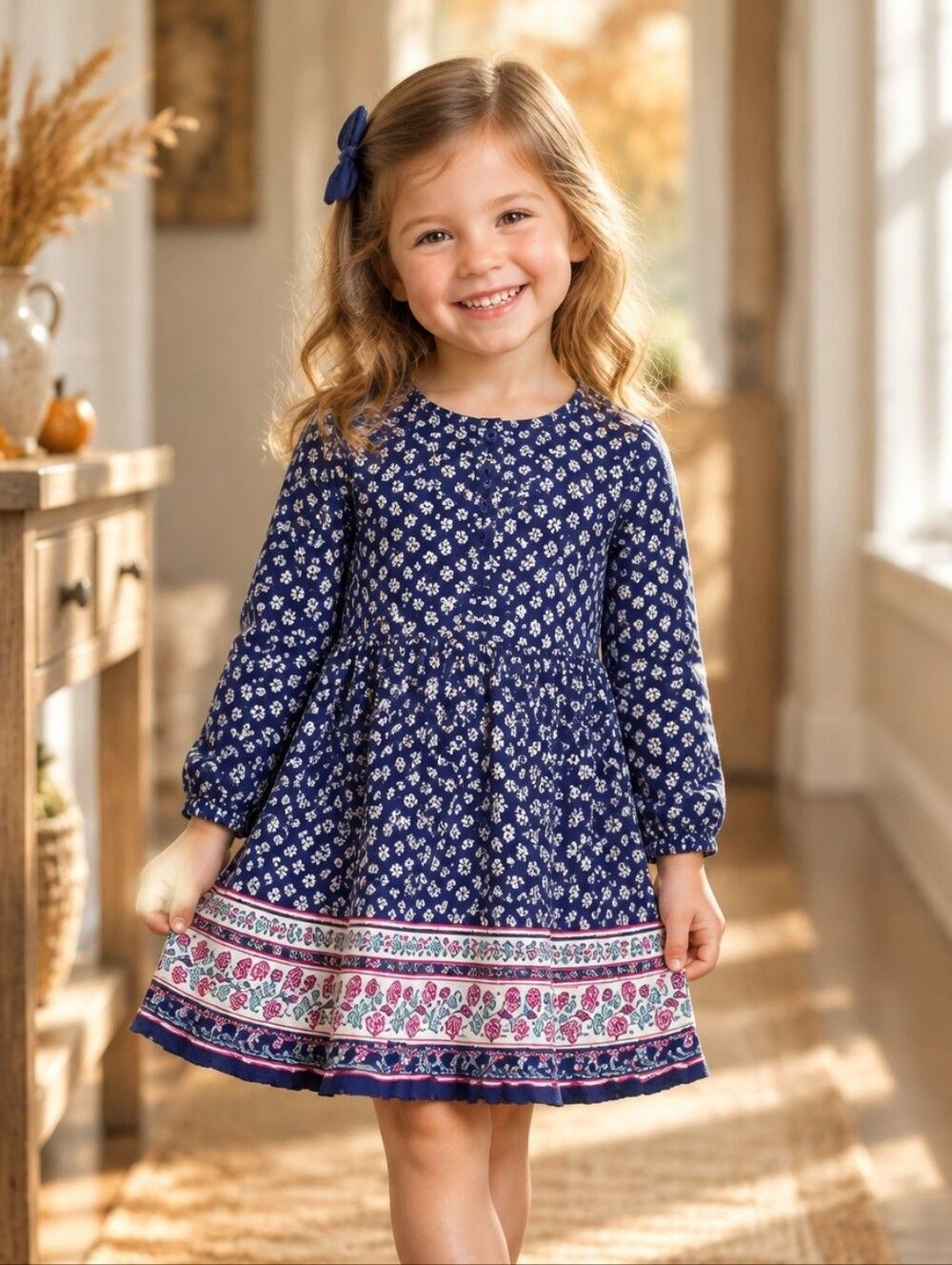 CARTER'S Navy Blue Girls Toddler Dress Cute Long Sleeve Floral Printed Casual 4T